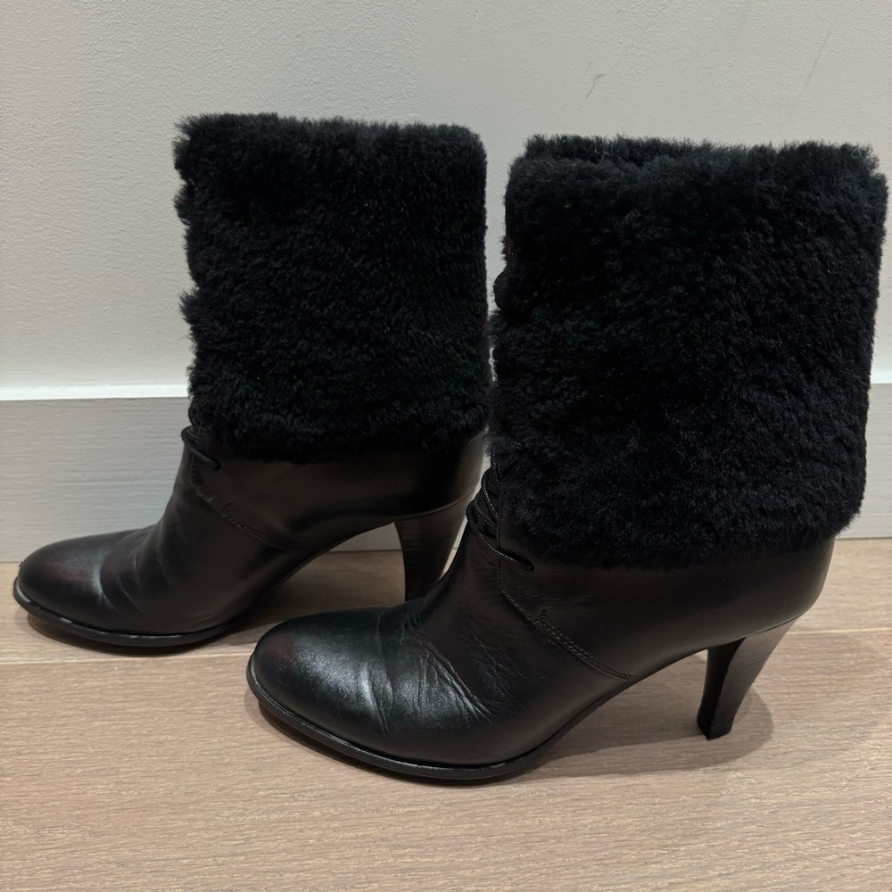 Black Leather Fold Over Shearling Cuff Ankle Boots Booties